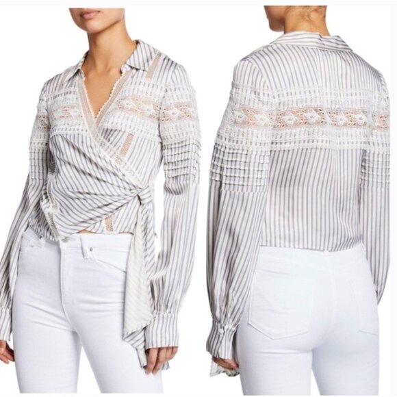 Self-Portrait Blouse Womens 8 UK 12 Stripe Lace Trim Wrap Long Sleeve Top - Picture 1 of 7